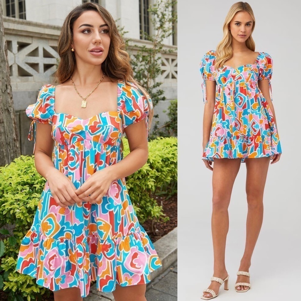 AMANDA UPRICHARD 90s Abstract Graphic Print Puff Short Sleeve Babydoll Dress L‎ - Picture 9 of 16